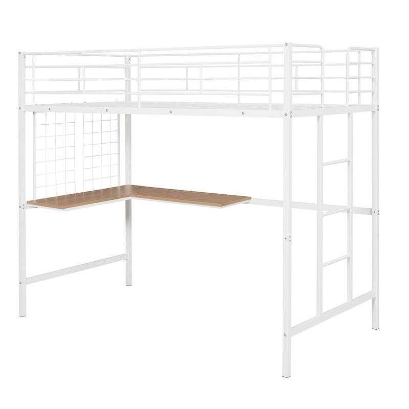 Lit mezzanine blanc simple en métal avec bureau, échelle et grille métallique pour enfants