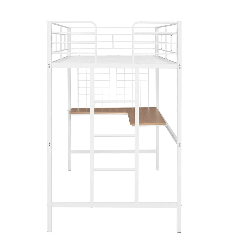 Lit mezzanine blanc simple en métal avec bureau, échelle et grille métallique pour enfants