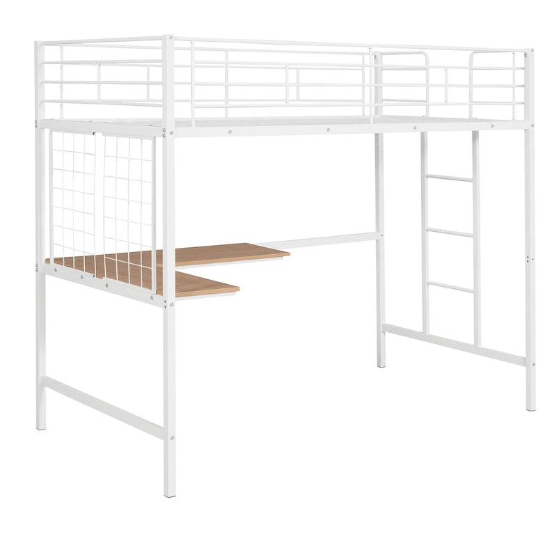 Lit mezzanine blanc simple en métal avec bureau, échelle et grille métallique pour enfants