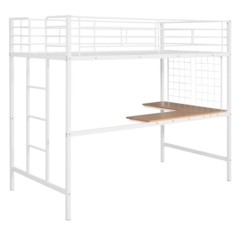 Lit mezzanine blanc simple en métal avec bureau, échelle et grille métallique pour enfants