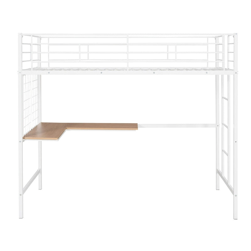 Lit mezzanine blanc simple en métal avec bureau, échelle et grille métallique pour enfants