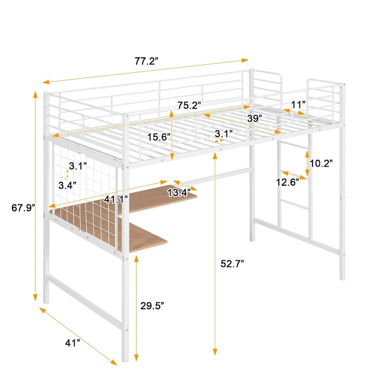 Lit mezzanine blanc simple en métal avec bureau, échelle et grille métallique pour enfants