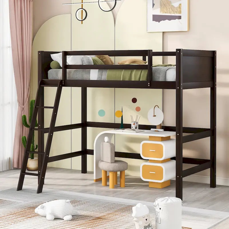Lit mezzanine double en bois massif Espresso avec échelle et barrière de sécurité