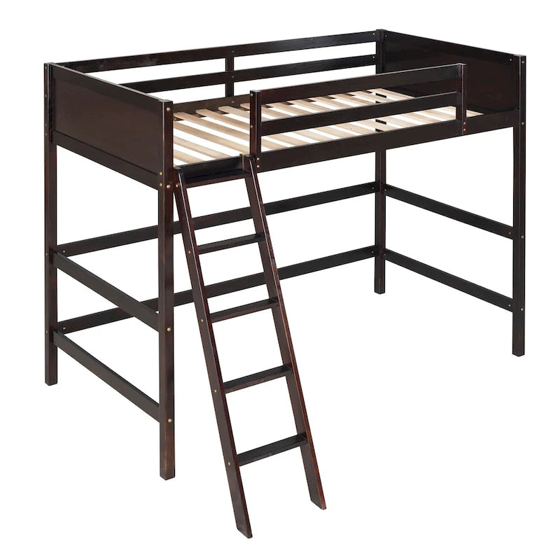 Lit mezzanine double en bois massif Espresso avec échelle et barrière de sécurité