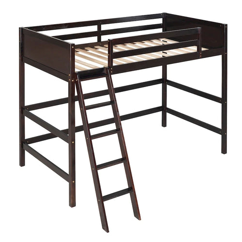 Lit mezzanine double en bois massif Espresso avec échelle et barrière de sécurité