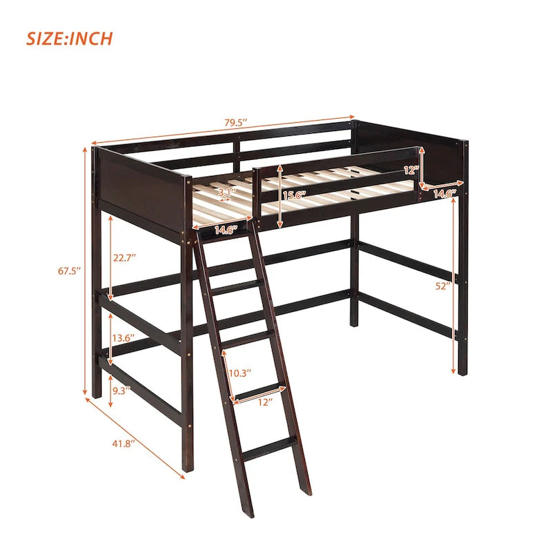 Lit mezzanine double en bois massif Espresso avec échelle et barrière de sécurité