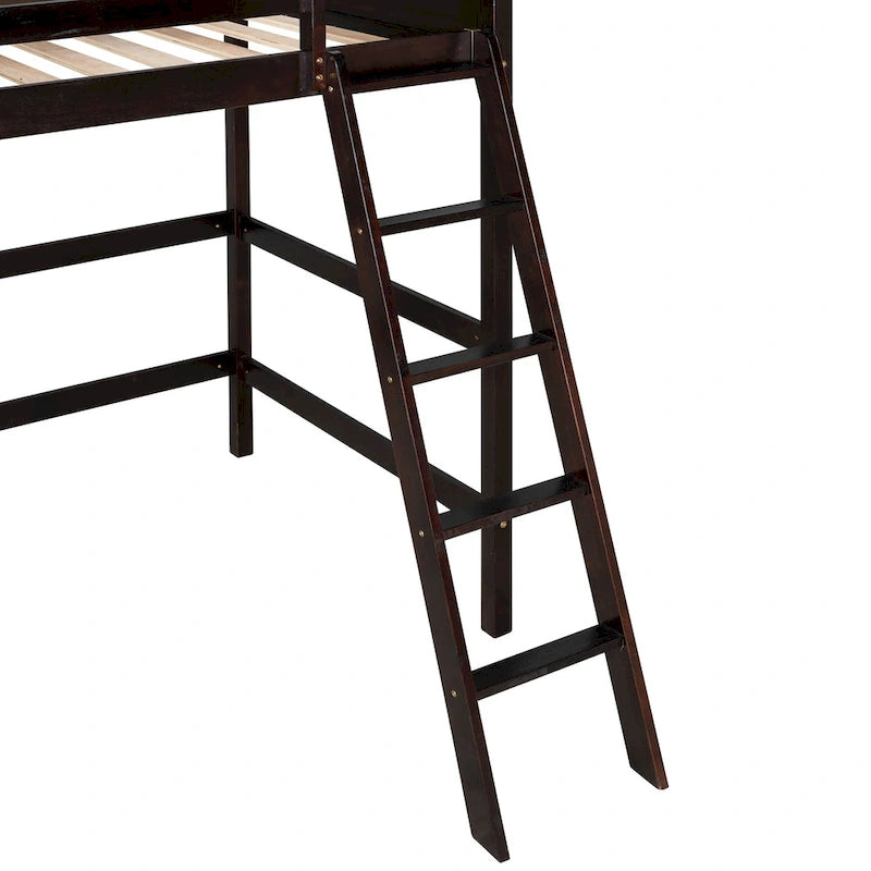Lit mezzanine double en bois massif Espresso avec échelle et barrière de sécurité