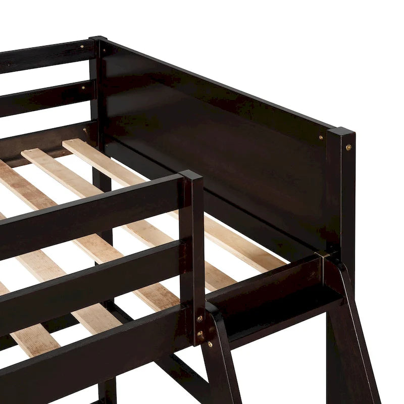 Lit mezzanine double en bois massif Espresso avec échelle et barrière de sécurité