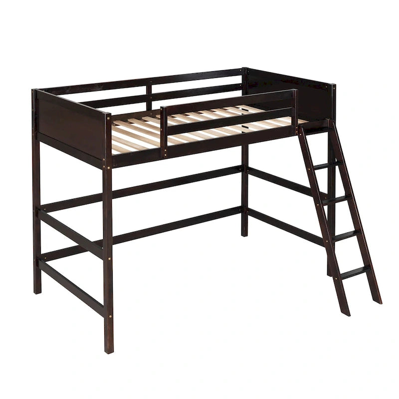 Lit mezzanine double en bois massif Espresso avec échelle et barrière de sécurité