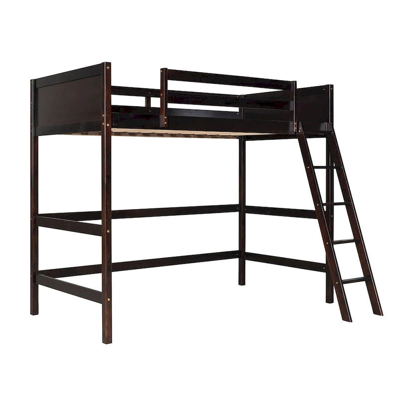 Lit mezzanine double en bois massif Espresso avec échelle et barrière de sécurité