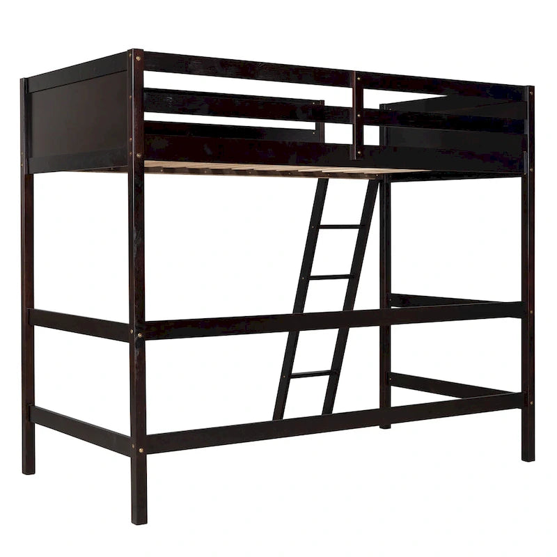 Lit mezzanine double en bois massif Espresso avec échelle et barrière de sécurité