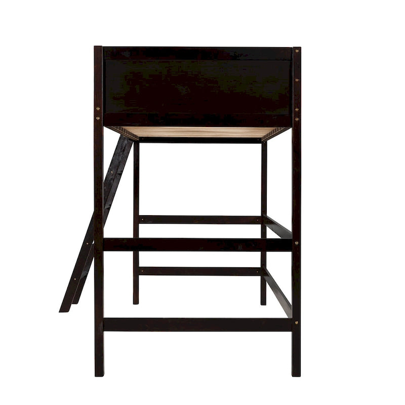 Lit mezzanine double en bois massif Espresso avec échelle et barrière de sécurité