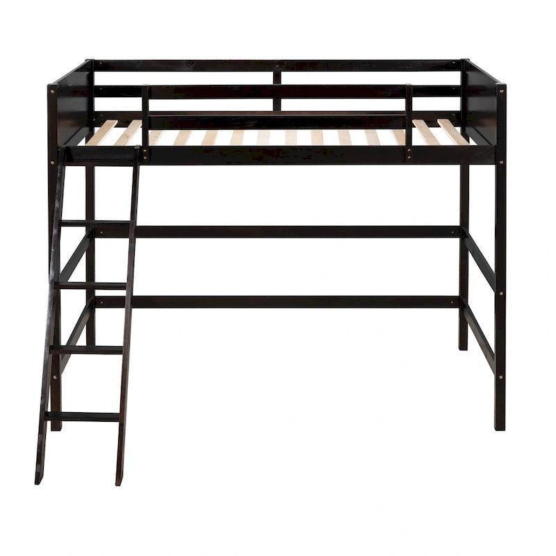 Lit mezzanine double en bois massif Espresso avec échelle et barrière de sécurité