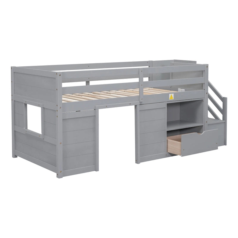 Lit mezzanine bas en bois massif gris avec escalier et tiroir