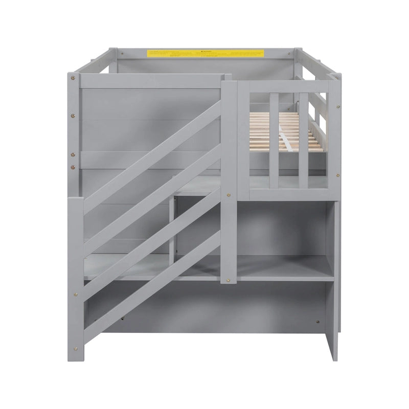 Lit mezzanine bas en bois massif gris avec escalier et tiroir