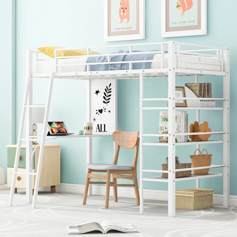 Lit mezzanine double en métal blanc avec étagères