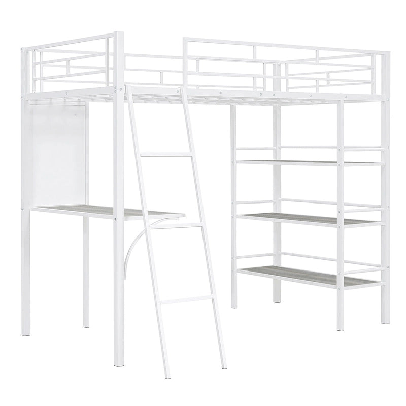 Lit mezzanine double en métal blanc avec étagères