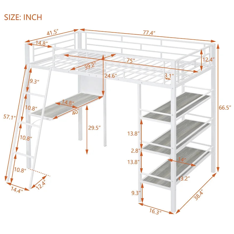Lit mezzanine double en métal blanc avec étagères