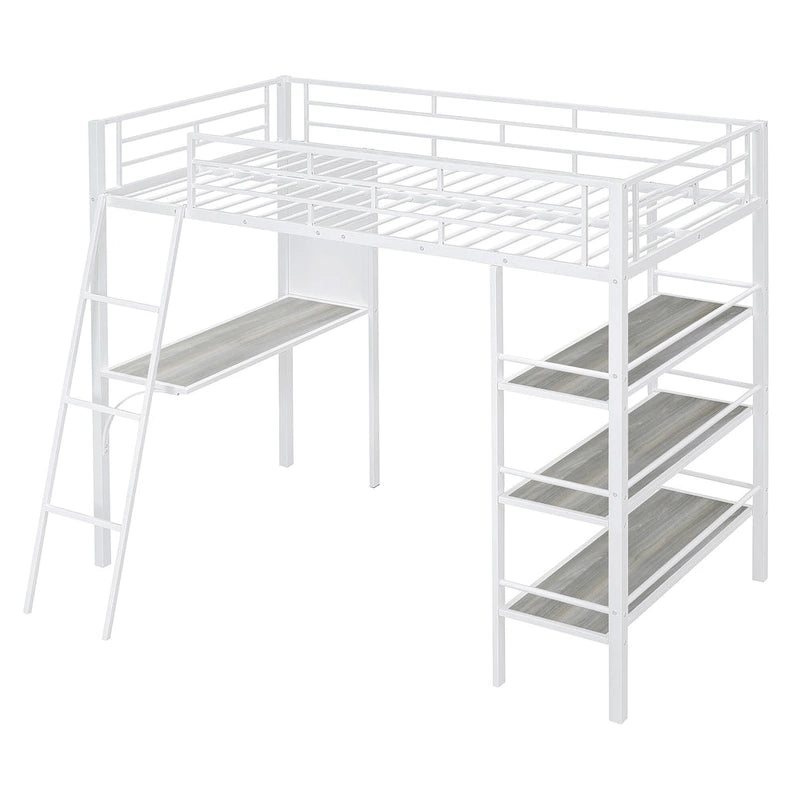 Lit mezzanine double en métal blanc avec étagères