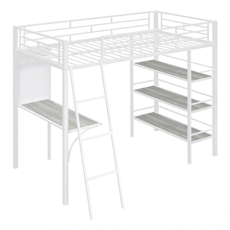 Lit mezzanine double en métal blanc avec étagères