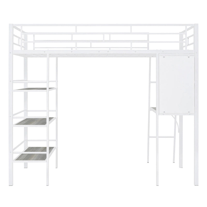 Lit mezzanine double en métal blanc avec étagères