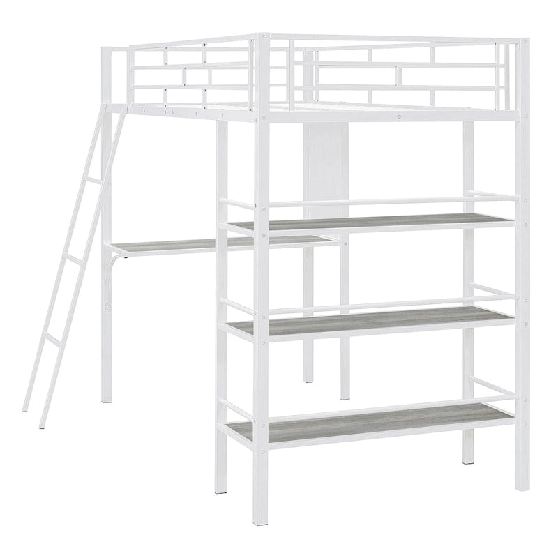 Lit mezzanine double en métal blanc avec étagères