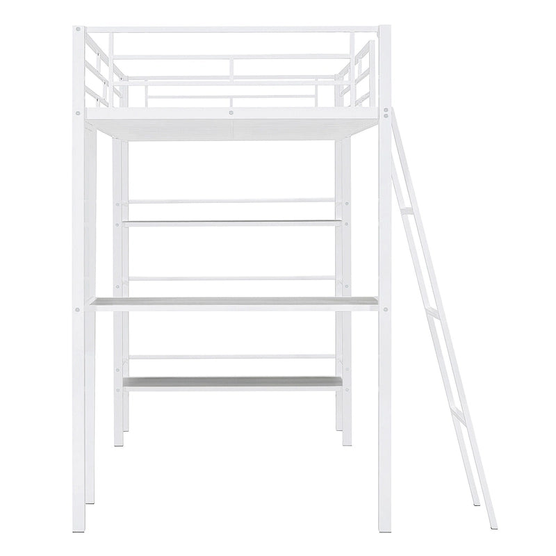 Lit mezzanine double en métal blanc avec étagères