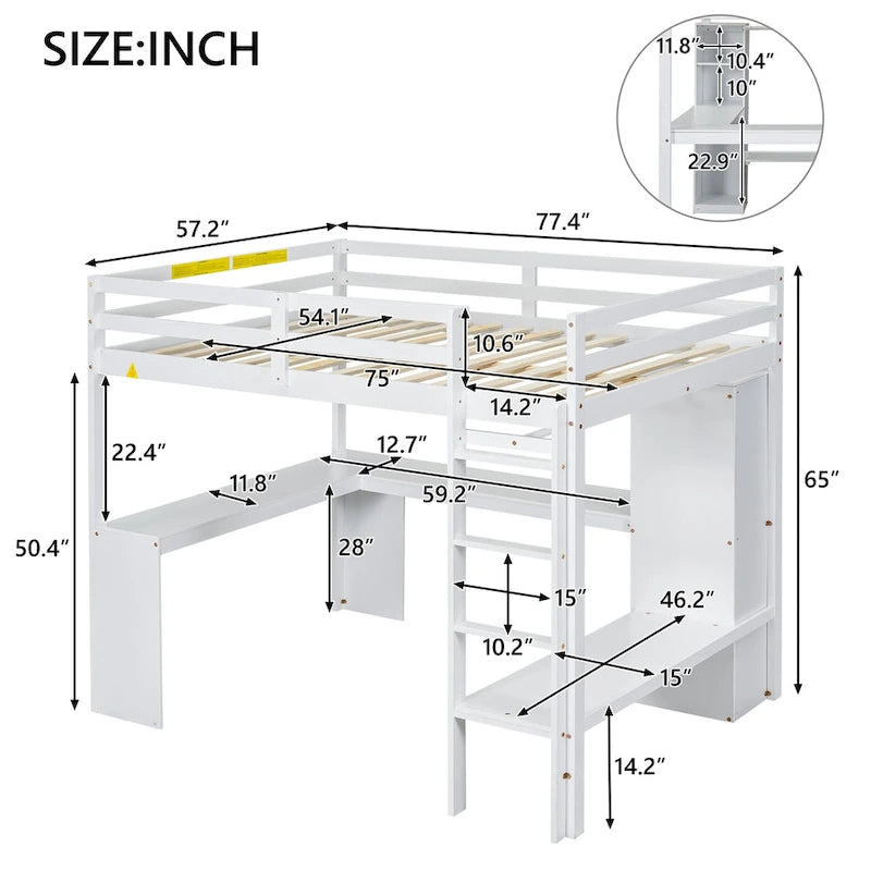 Solid Wood Loft Bed with L-shaped Desk and Storage Shelves