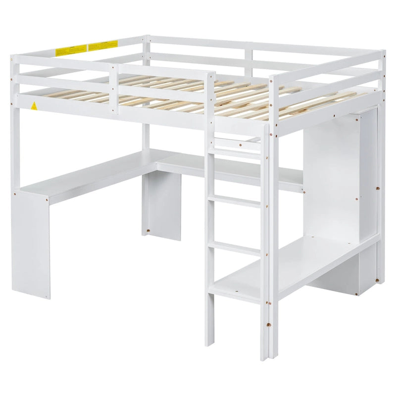 Lit mezzanine en bois massif avec bureau en L et étagères de rangement