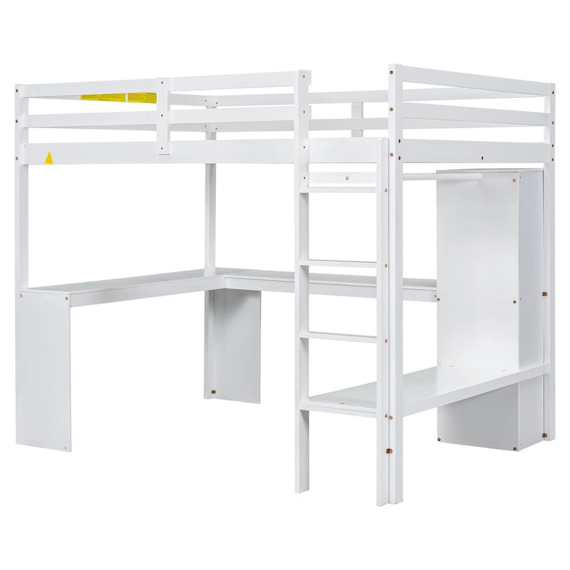 Lit mezzanine en bois massif avec bureau en L et étagères de rangement