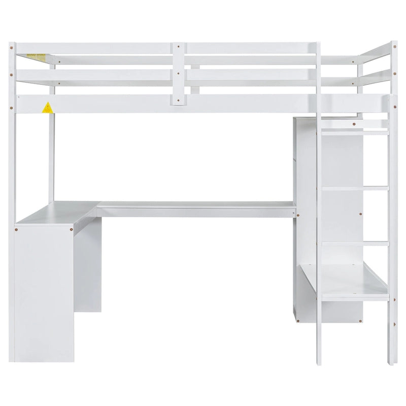 Lit mezzanine en bois massif avec bureau en L et étagères de rangement