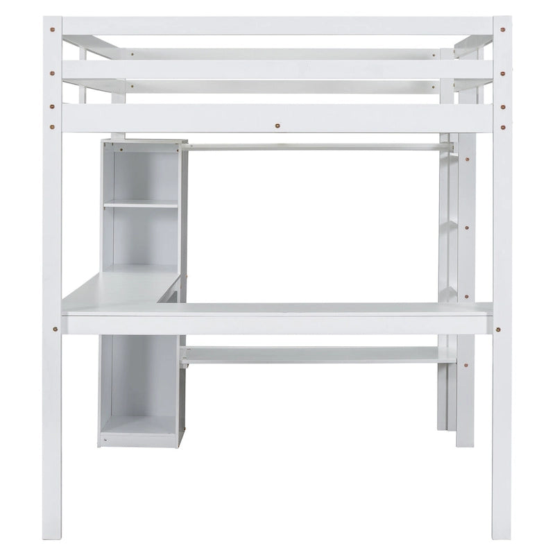 Lit mezzanine en bois massif avec bureau en L et étagères de rangement