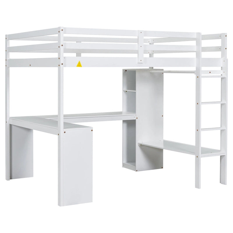 Lit mezzanine en bois massif avec bureau en L et étagères de rangement