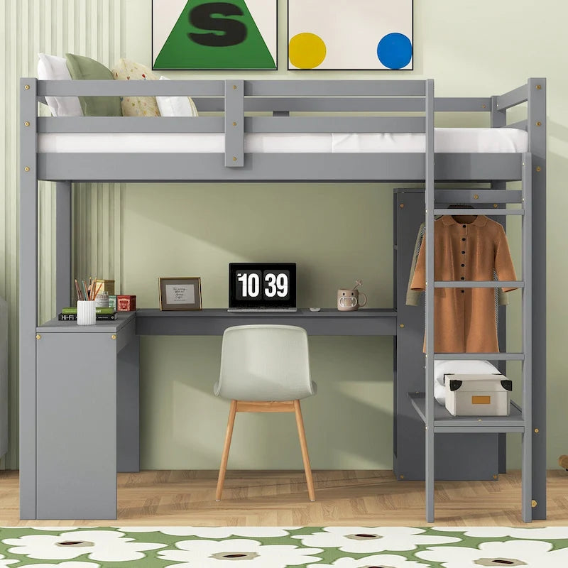 Lit mezzanine en bois massif avec bureau en L et étagères de rangement