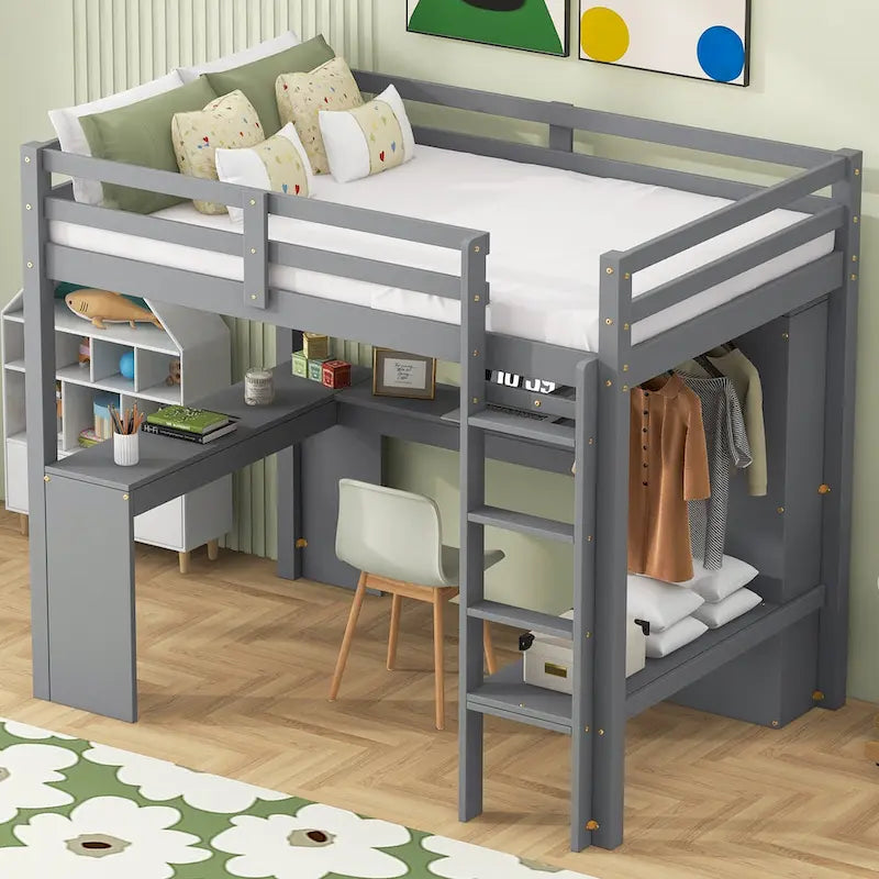 Lit mezzanine en bois massif avec bureau en L et étagères de rangement