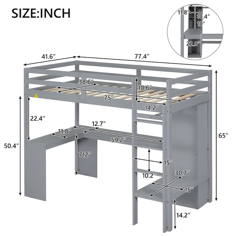 Lit mezzanine en bois massif avec bureau en L et étagères de rangement