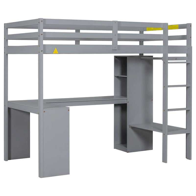 Lit mezzanine en bois massif avec bureau en L et étagères de rangement