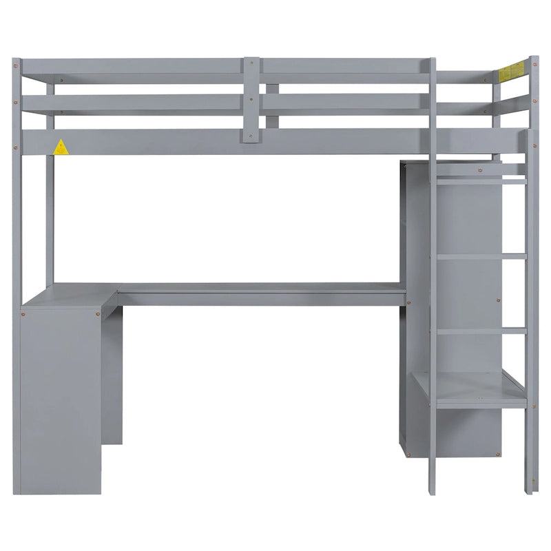 Lit mezzanine en bois massif avec bureau en L et étagères de rangement