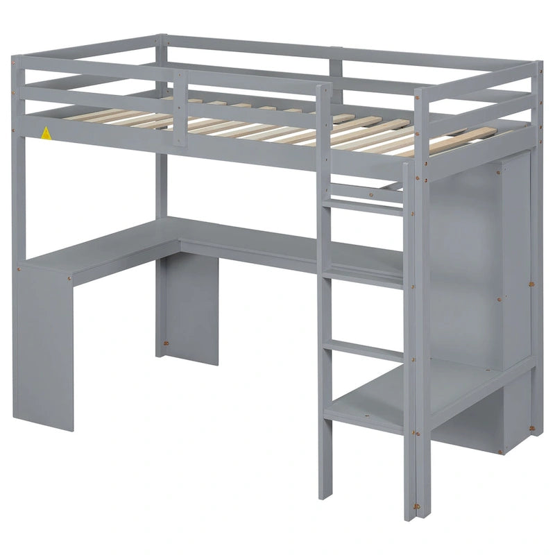 Lit mezzanine en bois massif avec bureau en L et étagères de rangement