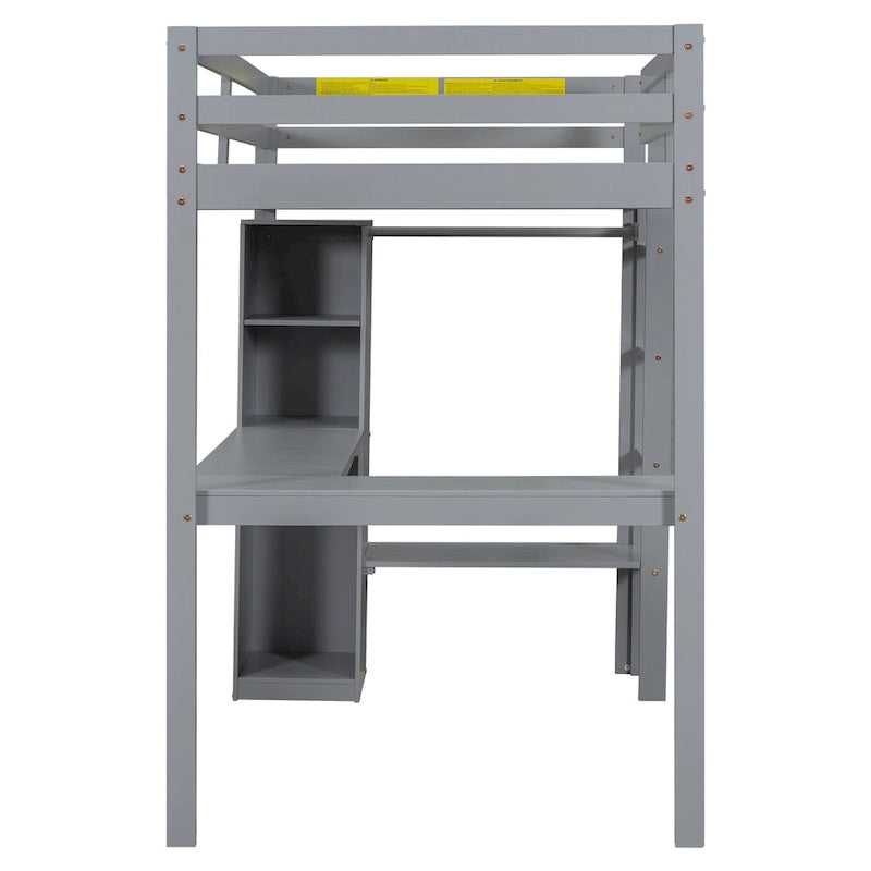 Lit mezzanine en bois massif avec bureau en L et étagères de rangement