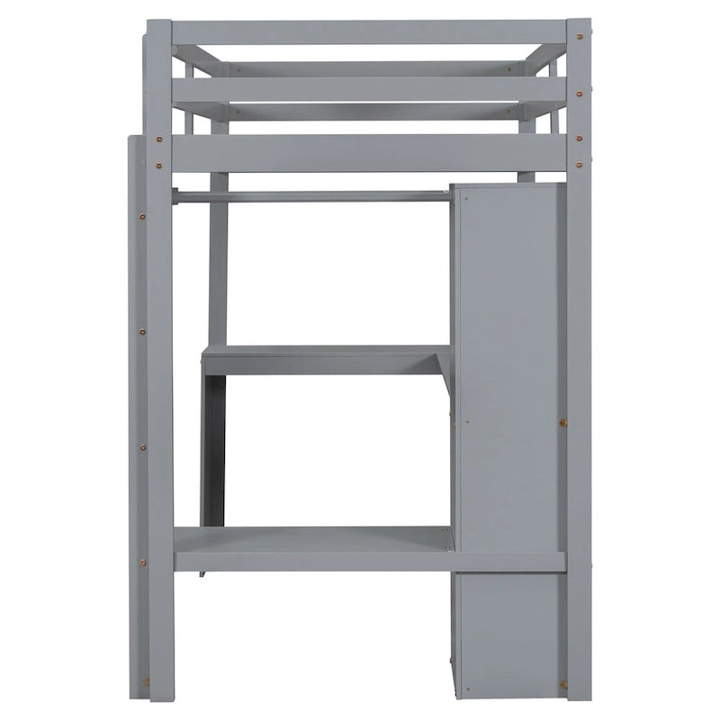 Lit mezzanine en bois massif avec bureau en L et étagères de rangement