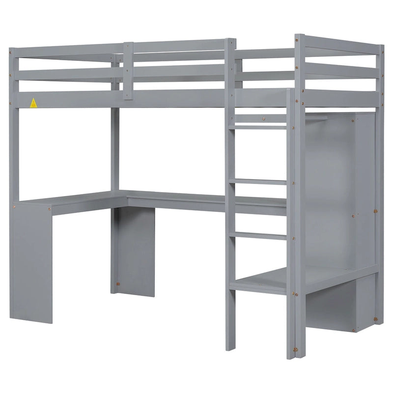 Lit mezzanine en bois massif avec bureau en L et étagères de rangement