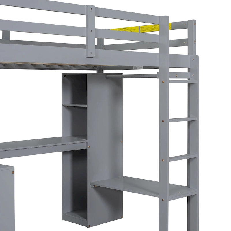 Lit mezzanine en bois massif avec bureau en L et étagères de rangement