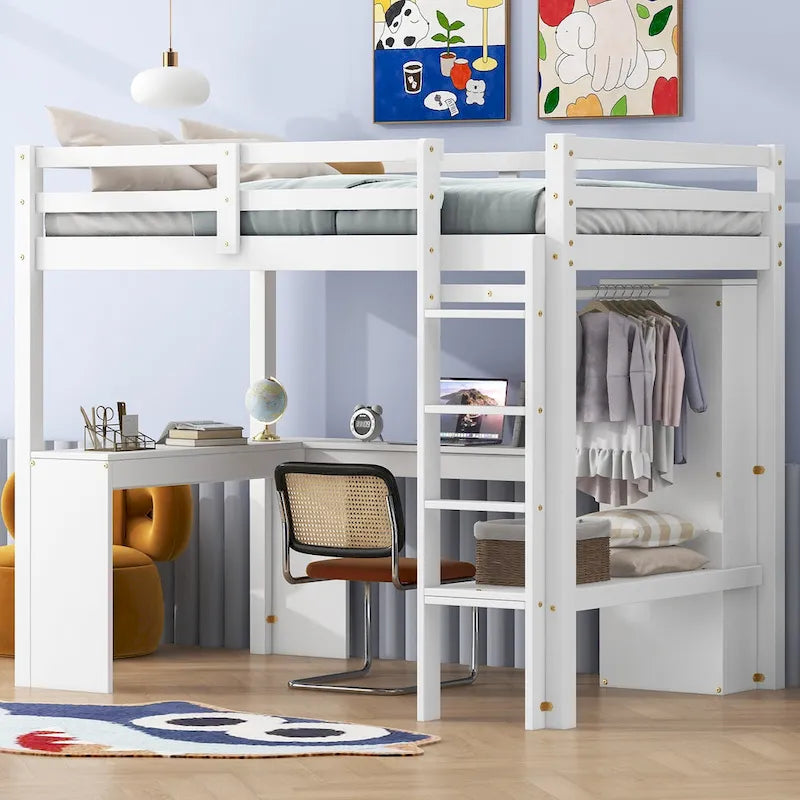 Lit mezzanine en bois massif avec bureau en L et étagères de rangement