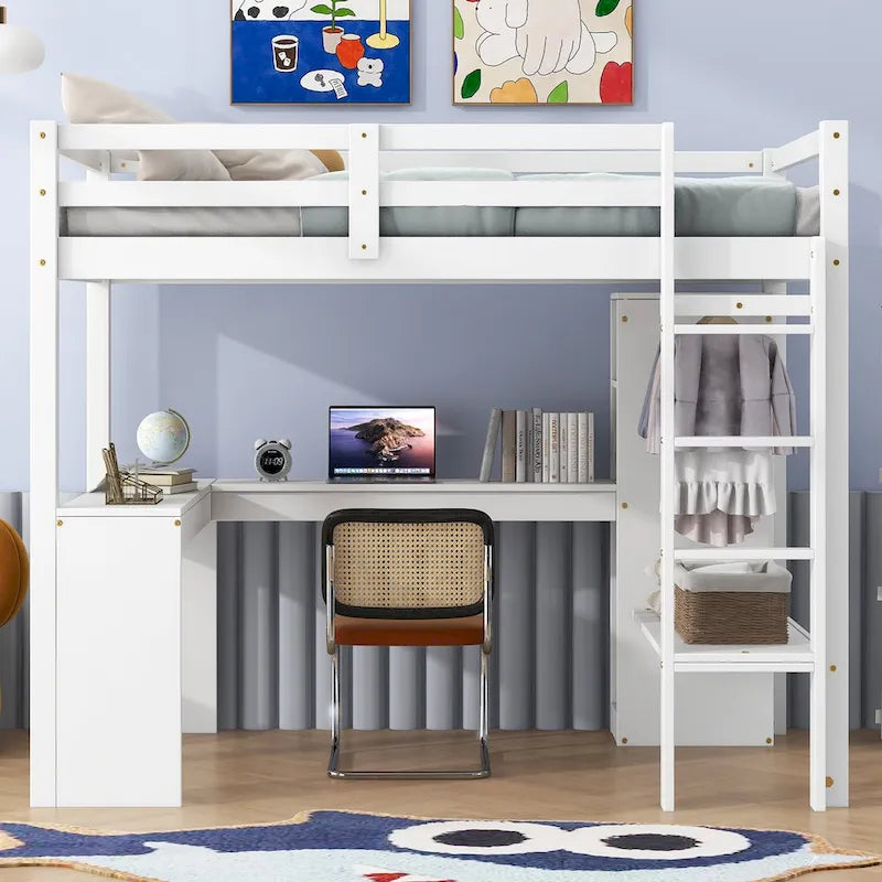 Lit mezzanine en bois massif avec bureau en L et étagères de rangement