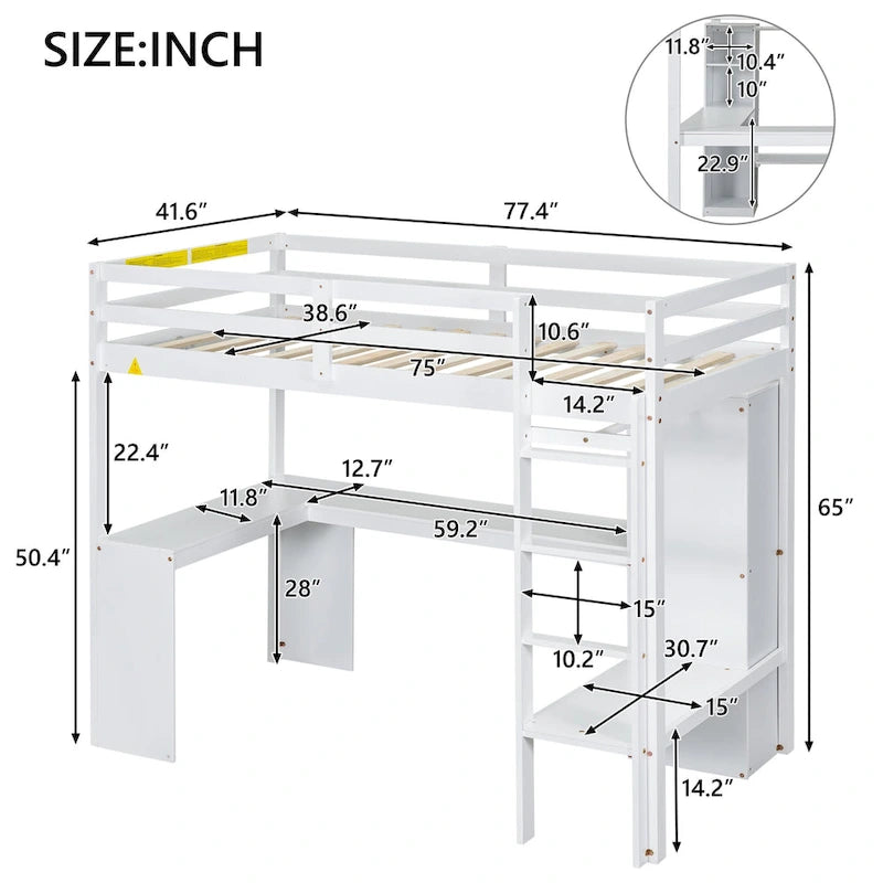 Lit mezzanine en bois massif avec bureau en L et étagères de rangement
