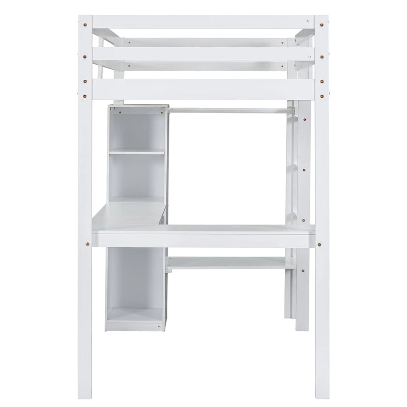 Lit mezzanine en bois massif avec bureau en L et étagères de rangement