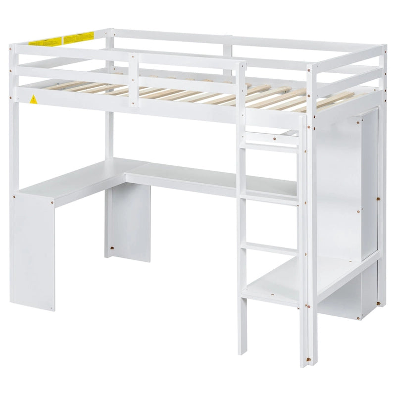 Lit mezzanine en bois massif avec bureau en L et étagères de rangement
