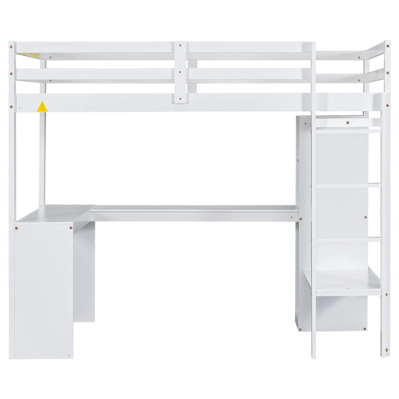 Lit mezzanine en bois massif avec bureau en L et étagères de rangement