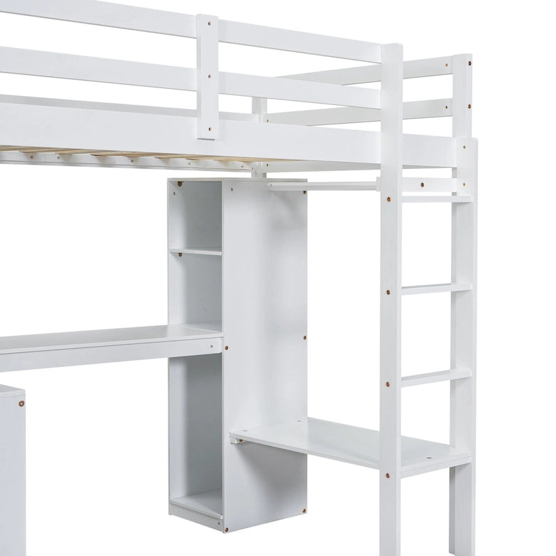 Lit mezzanine en bois massif avec bureau en L et étagères de rangement